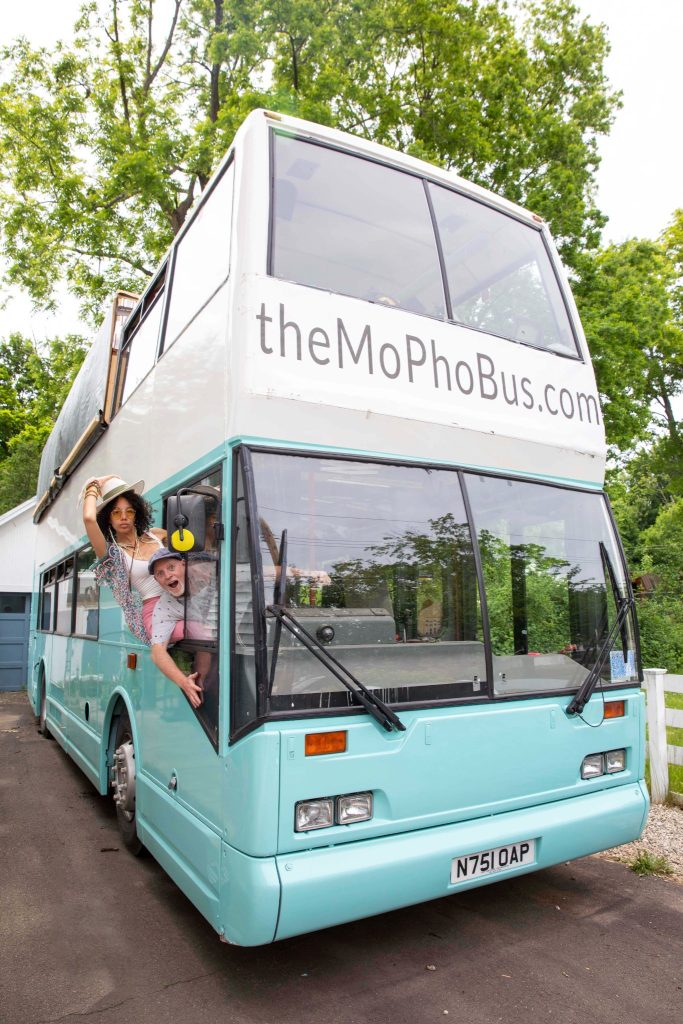 Photo of a double decker with no roof, converted into a Mobile photo venue. New Haven, Connecticut