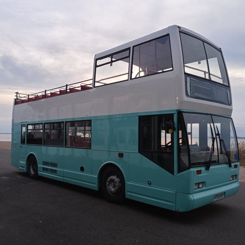 Photo of a double decker with no roof, converted into a Mobile photo venue. New Haven Connecticut