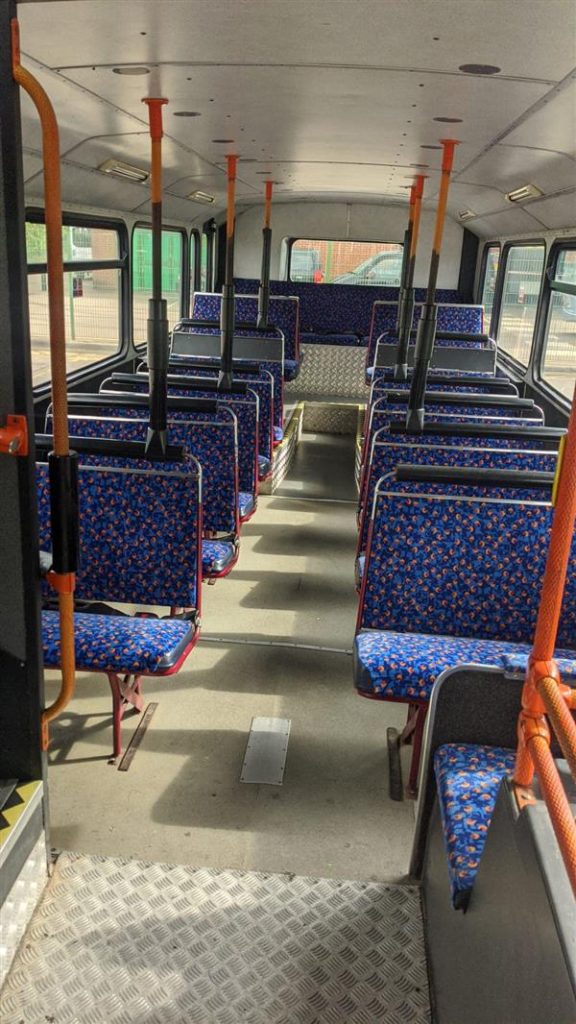Lower deck photo of a double decker Leyland Olympian