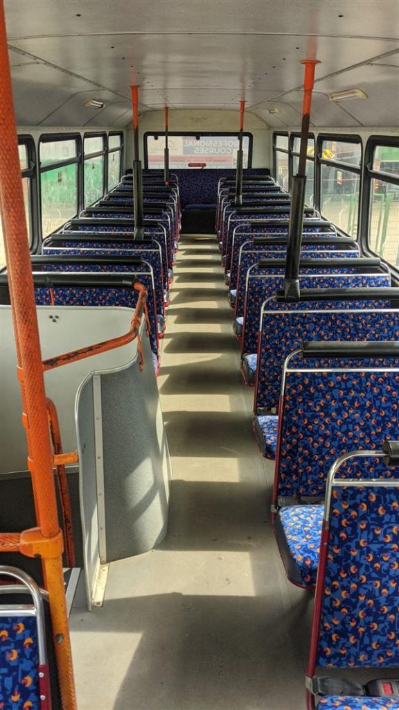 Upper deck seat photo in a double decker Leyland Olympian