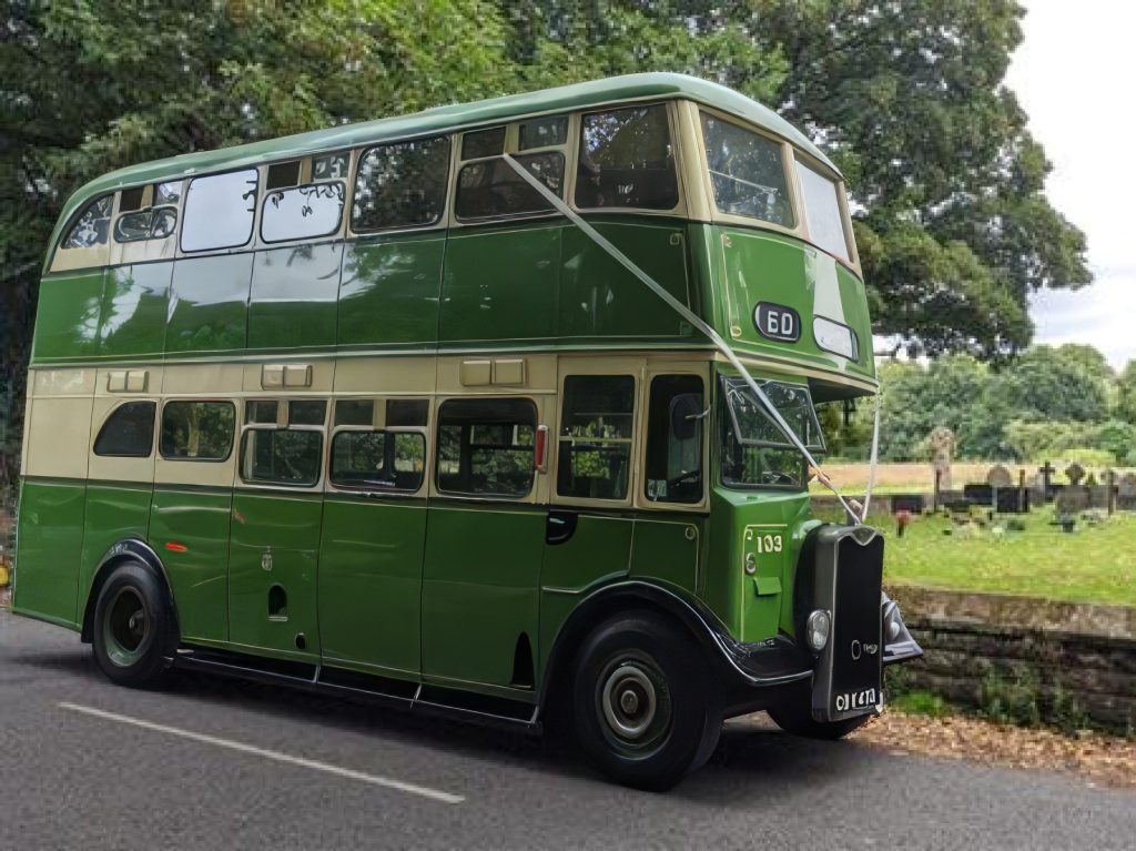 Side photo of a double decker 1949 Arab Motors Guy Arab