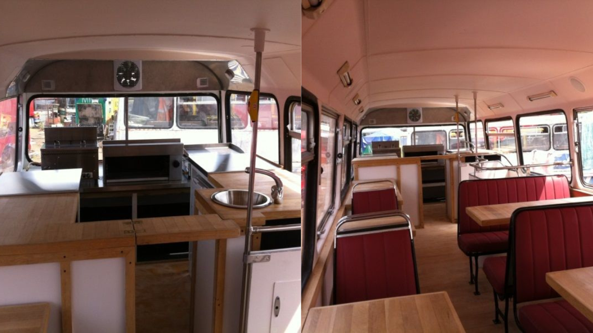 Two photos of a double decker converted into restaurant