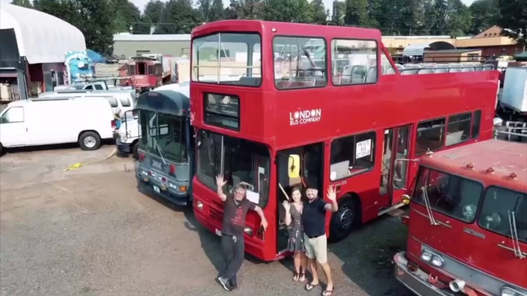 The Double Decker Bus that became the Rachel and Rose pub arriving in Portland, OR